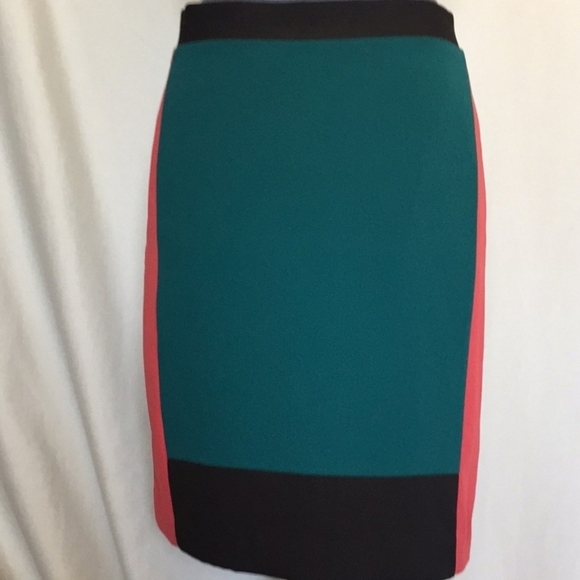 Narciso Rodriguez Pencil Skirt Sz 12 Lined Teal Black Coral Knee Length - Picture 2 of 3